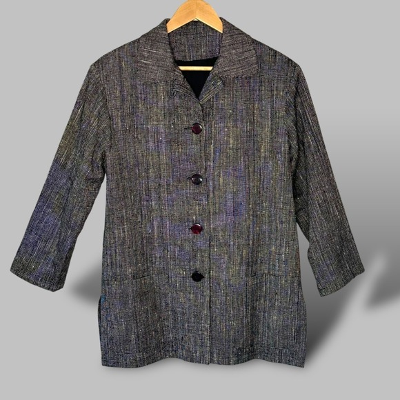 Ann May Jackets & Blazers - Vintage Silk Blazer Woven Tweed Jacket Black White Boxy Patch Pockets Size 6